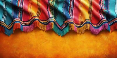 Colorful woven textile draped over a warm, textured surface in a vibrant setting showcasing intricate patterns photo