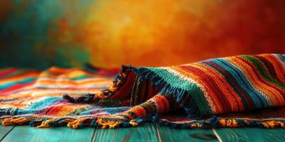 Vibrant handmade textile draped on rustic wooden surface with colorful background photo