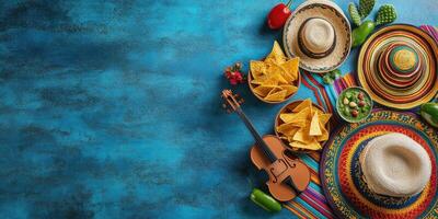 Colorful sombreros, snacks, and music instruments create a lively fiesta atmosphere on a vibrant blue background photo