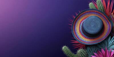 Colorful sombrero surrounded by vibrant cacti and tropical foliage against a purple backdrop photo
