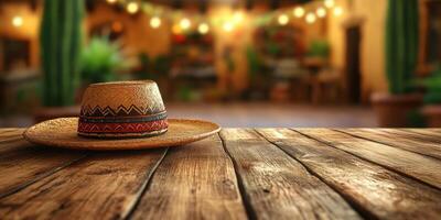Traditional straw hat resting on a rustic wooden table in a vibrant indoor setting with string lights photo