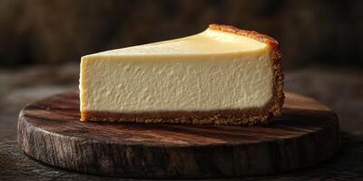 Creamy cheesecake slice on wooden board captured in a warm light setting photo