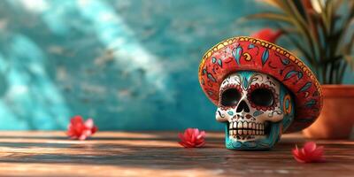 Colorful sugar skull decorated with flowers and sombrero on rustic wooden table photo