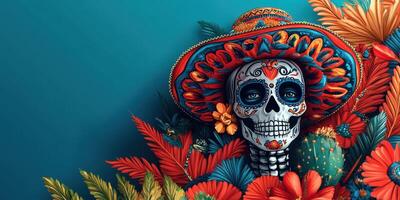 Colorful skull with sombrero surrounded by vibrant flowers and cacti in festive decor photo