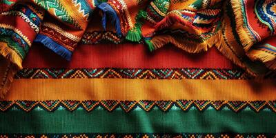 Colorful woven textiles displayed together showcase vibrant patterns and traditional craftsmanship from a cultural marketplace photo