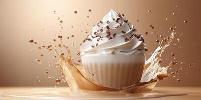 Delicious dessert featuring whipped cream and chocolate sprinkles with a splash effect captured in a creative background photo
