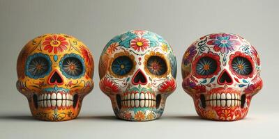 Colorful decorative skulls representing Day of the Dead tradition in a studio setting photo