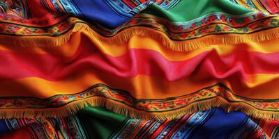 Vibrant textile showcasing intricate patterns and colors from traditional craftsmanship in a sunny marketplace photo