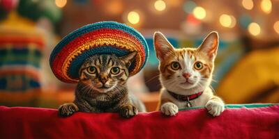 Two adorable cats wearing colorful hats in a cozy, cheerful indoor setting with soft lighting photo