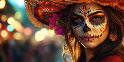 Celebrating the vibrant traditions of Day of the Dead with a decorated woman in a lively festival setting during the evening hours photo