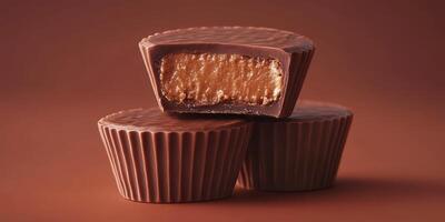Delicious chocolate cups filled with creamy peanut butter arranged on a brown background photo