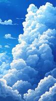 Large fluffy clouds fill the vibrant blue sky during a clear day with sunlight illuminating the scene photo