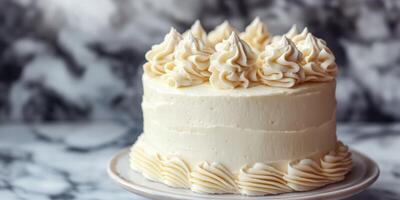 Delicious cream cake decorated with elegant frosting curls on a stylish plate photo