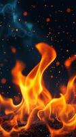 Dancing flames create a mesmerizing display of fire and glowing embers against a dark background photo
