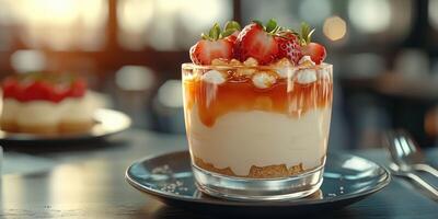 Delicious dessert featuring layers of cream, strawberries, and caramel in a cozy cafe setting during sunset hours photo