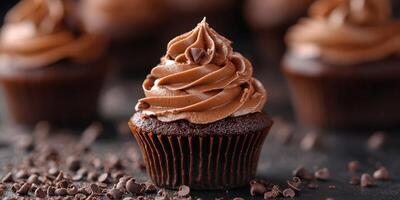 Indulging in rich chocolate cupcakes topped with creamy frosting and chocolate sprinkles at a baking event photo