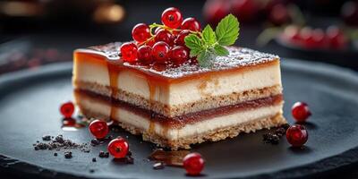 Delicious layered dessert with red currants served on a dark plate with syrup drizzle photo