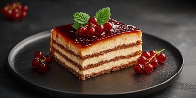 Delightful layered dessert with red currants and fresh mint served on a black plate in a simple setting photo