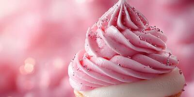 Delightful pink cupcake with swirled frosting and sparkling toppings in a vibrant setting photo