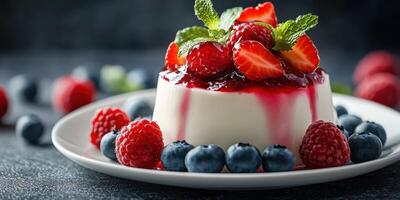 Delicious panna cotta topped with fresh strawberries, raspberries, and blueberries served on a white plate photo