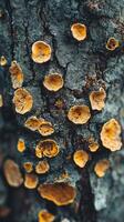 Close-up view of orange mushrooms growing on textured tree bark in a forest setting during autumn photo