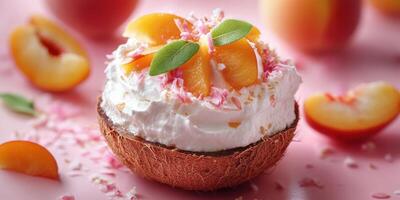 Delightful peach dessert served in a coconut shell with whipped cream and garnished with fresh peach slices photo