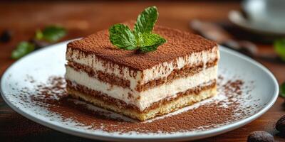 Delicious dessert displayed on a white plate featuring layers of cream and cocoa powder in a cozy setting photo