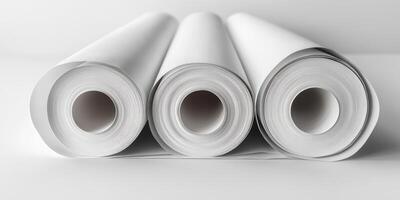 Rolls of blank paper arranged neatly on a shelf in a minimalist studio setting during daylight hours photo