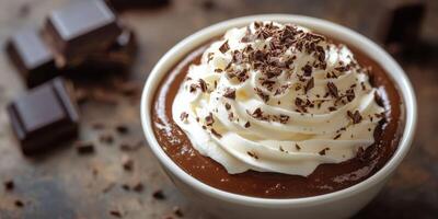 Decadent chocolate pudding topped with whipped cream and chocolate shavings in a cozy kitchen setting photo