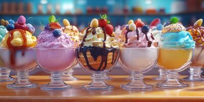 Colorful ice cream sundaes displayed in a dessert shop with various toppings and flavors photo
