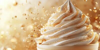 Swirling soft serve ice cream topped with caramel drizzle creating a delightful dessert experience photo