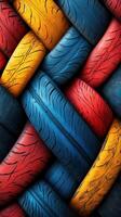 Colorful arrangement of woven tire patterns in vibrant blue, red, and yellow photo