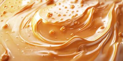 Rich golden caramel sauce swirling elegantly, capturing attention with its glossy texture and inviting color photo