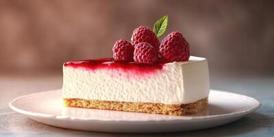 Delicious cheesecake slice topped with fresh raspberries and raspberry sauce on a white plate in a cozy setting photo