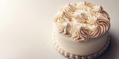 Creamy vanilla cake with elegant frosting design displayed on a simple background photo