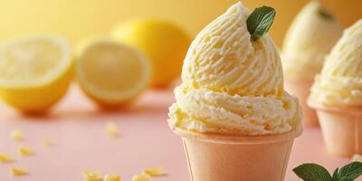 Refreshing lemon ice cream served in a cup alongside fresh lemon halves photo