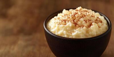 Creamy rice pudding topped with cinnamon served in a rustic bowl on a wooden table photo