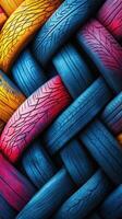 Vibrant colors intertwine in a textured display of woven rubber tires showcasing art and creativity photo