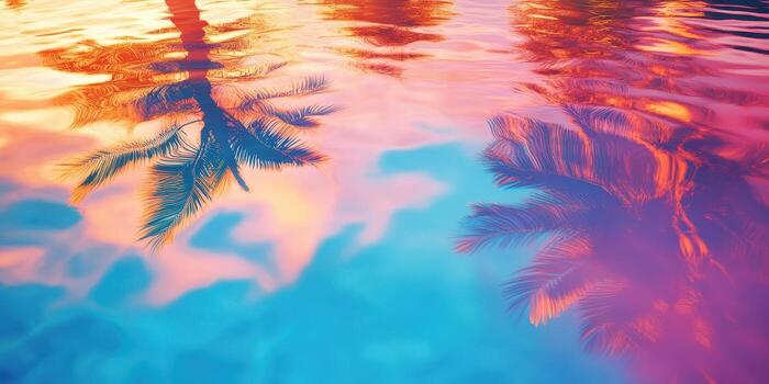 Vibrant reflections of palm trees in a tranquil pool at sunset showcasing a tropical paradise photo