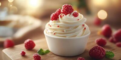Delicious frozen yogurt topped with fresh raspberries at a cozy dessert shop in the evening photo