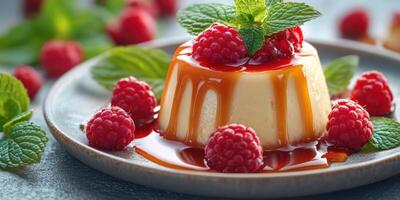 Delicious dessert with raspberry sauce and mint leaves served in a stylish setting photo