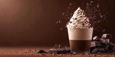 Whipped cream topped dessert with chocolate shavings served in a clear glass on a dark chocolate background photo