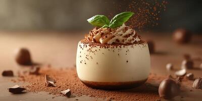 Delicious dessert featuring creamy mousse topped with whipped cream and chocolate shavings served in an elegant dish photo