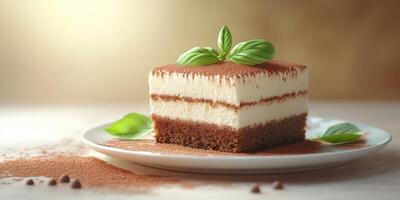 Decadent chocolate dessert with layers of cream served on a white plate photo