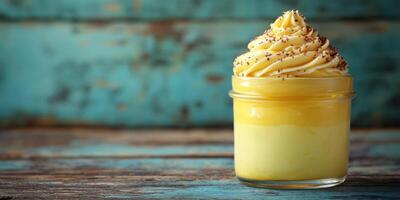 Creamy yellow dessert in a jar against a rustic blue wooden background displaying an inviting and delicious treat for all photo