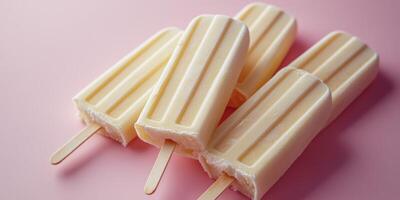 Creamy popsicles with a smooth texture resting on a pink background in a sunny setting photo