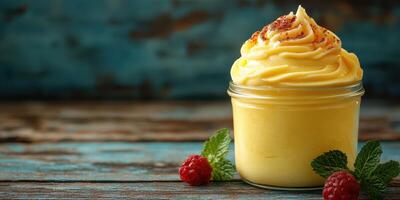 Delicious yellow dessert topped with chocolate shavings and garnished with fresh raspberries and mint leaves photo