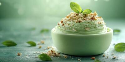 Delicious mint cream topped with crushed nuts displayed in a white bowl on a textured green surface photo