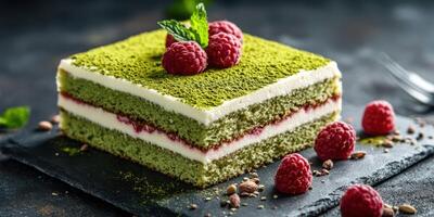 Delicious layered matcha cake with raspberries and mint garnishment on a dark slate plate photo