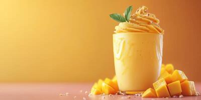 Mango smoothie topped with whipped cream and garnished with mint on a vibrant orange background photo